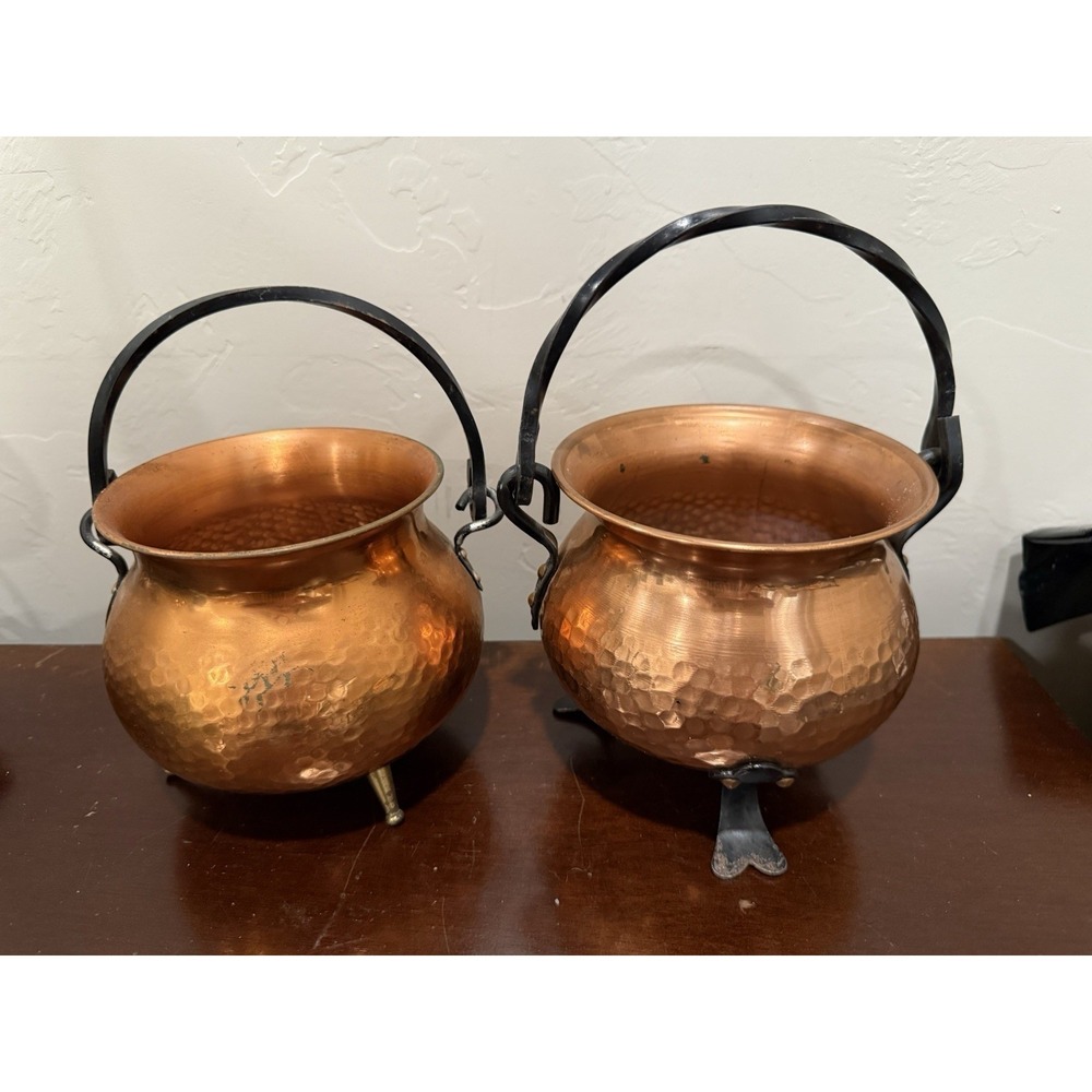 VTG Set Of 2 Hammered Copper Pot Cauldron Germany Bail Wrought Iron Handles Feet